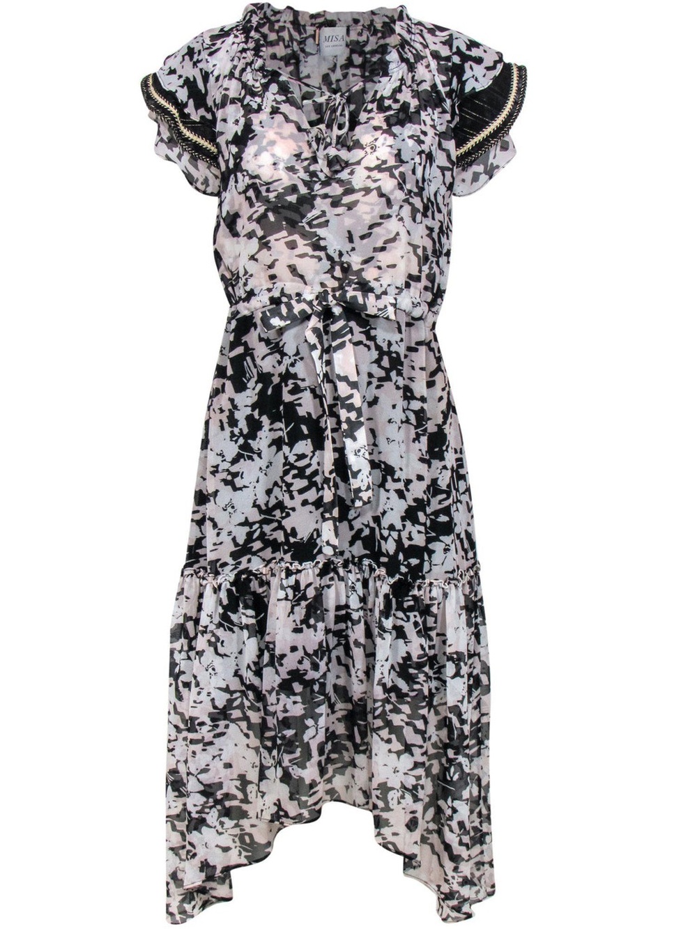 Misa Los Angeles Black and White Abstract Ruffle Midi Dress